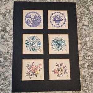 Vintage Decorative Mini Minton Tile Blue and Floral Art Prints In Black Mat